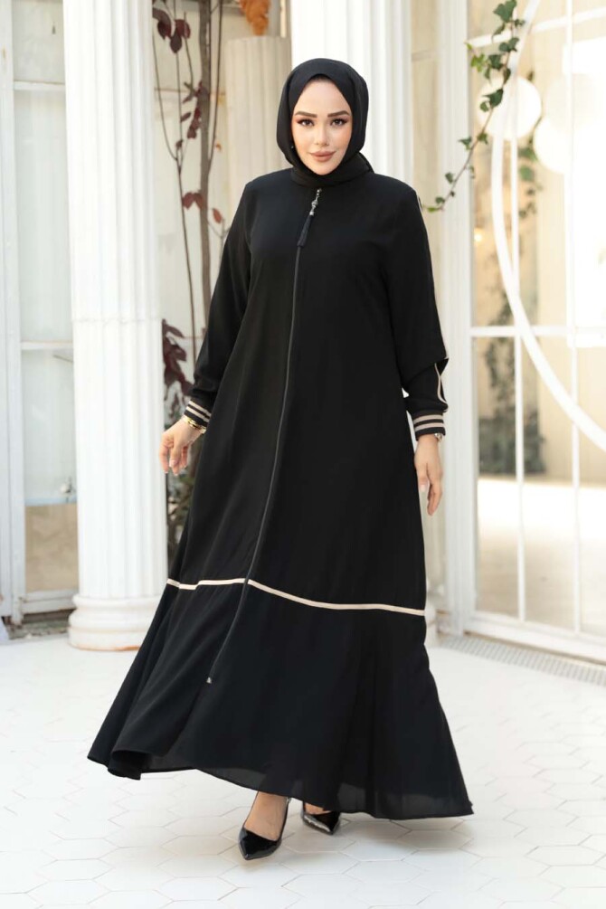 Fermuarlı Siyah Tesettür Ferace 26212S - 1