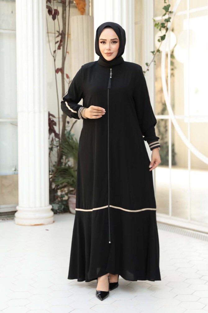 Fermuarlı Siyah Tesettür Ferace 26212S - 3