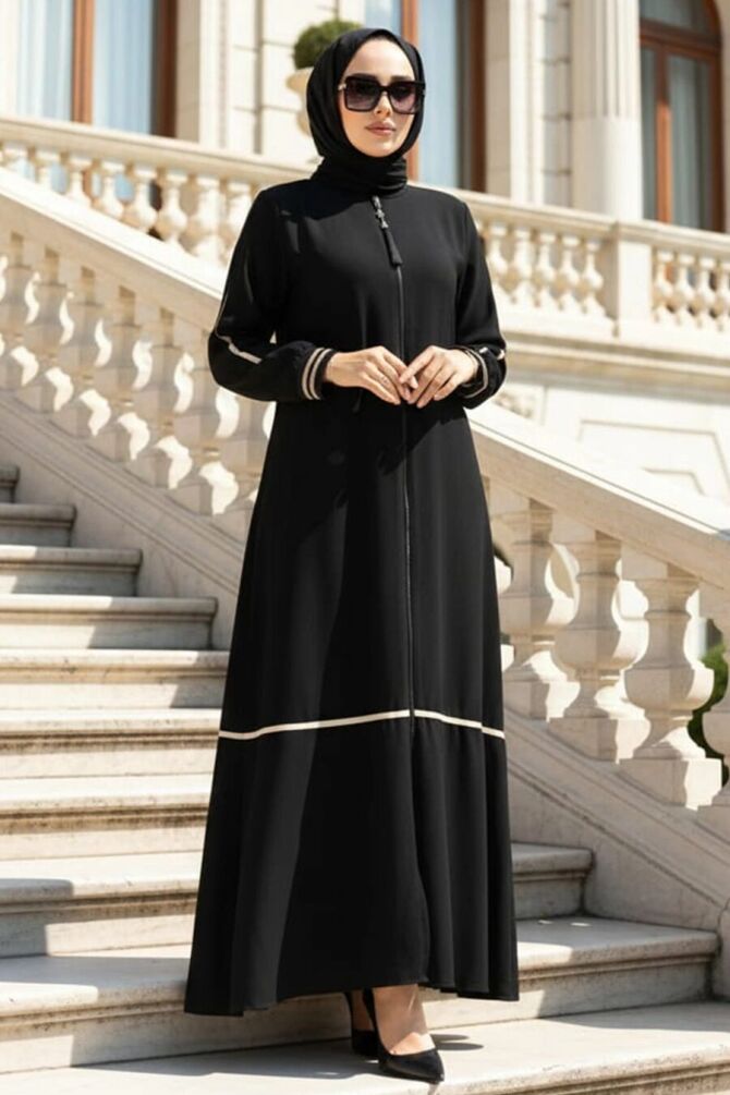 Fermuarlı Siyah Tesettür Ferace 26212S - N.S NEVA STYLE