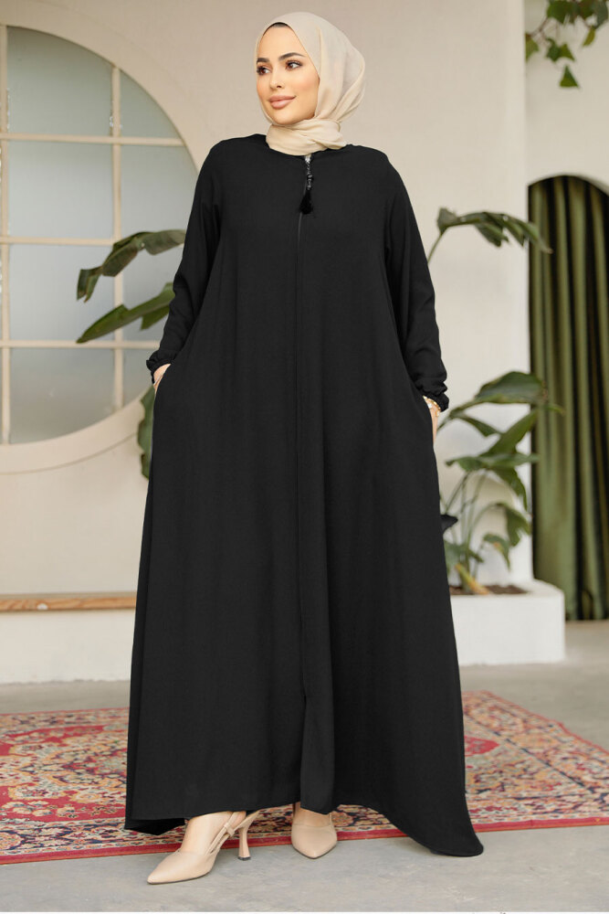Fermuarlı Siyah Tesettür Ferace 26301S - 1