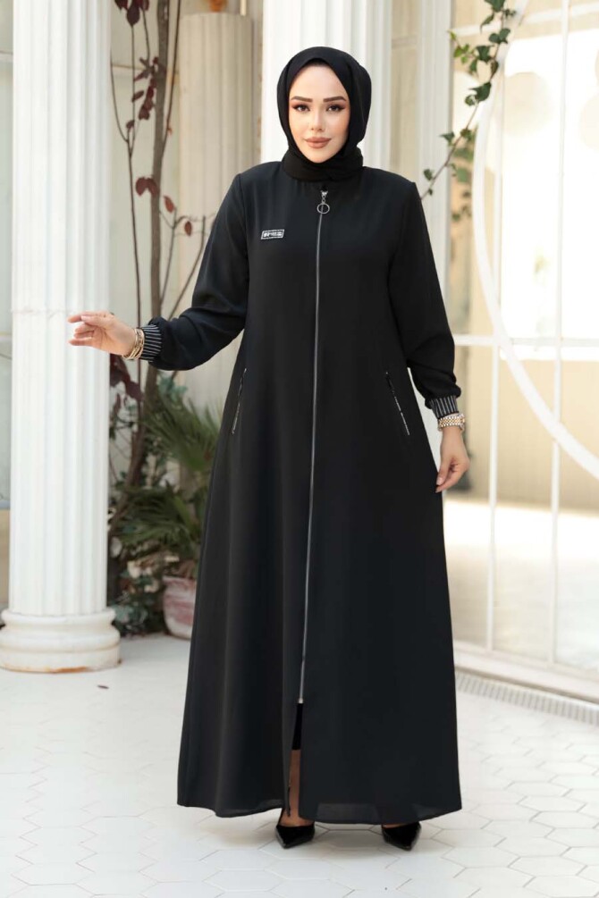 Fermuarlı Siyah Tesettür Ferace 26371S - 1