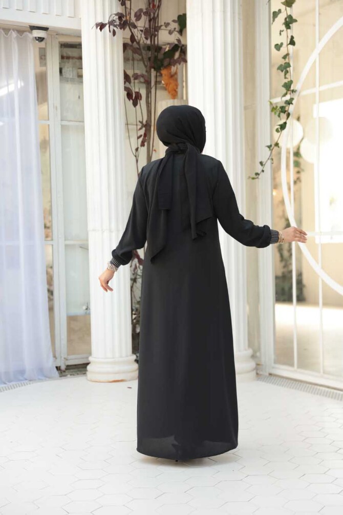 Fermuarlı Siyah Tesettür Ferace 26371S - 3