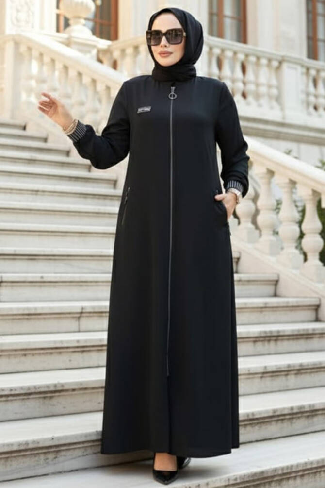 Fermuarlı Siyah Tesettür Ferace 26371S - 1