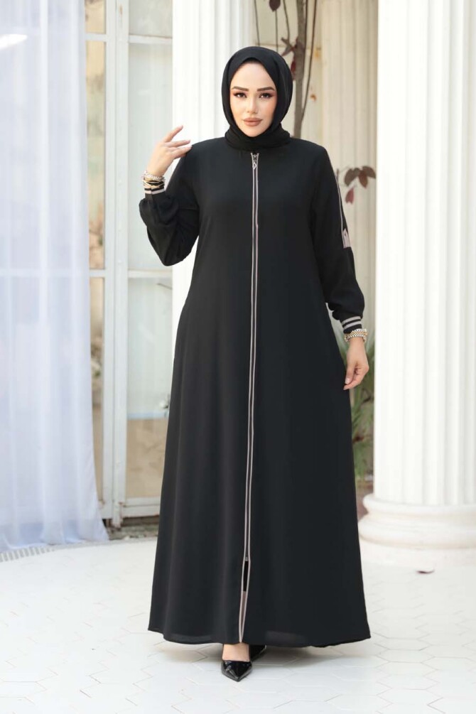 Fermuarlı Siyah Tesettür Ferace 26381S - 1