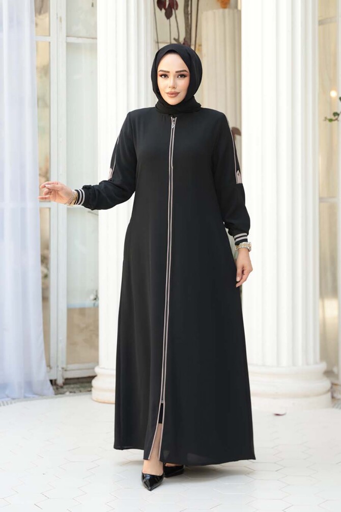 Fermuarlı Siyah Tesettür Ferace 26381S - 2