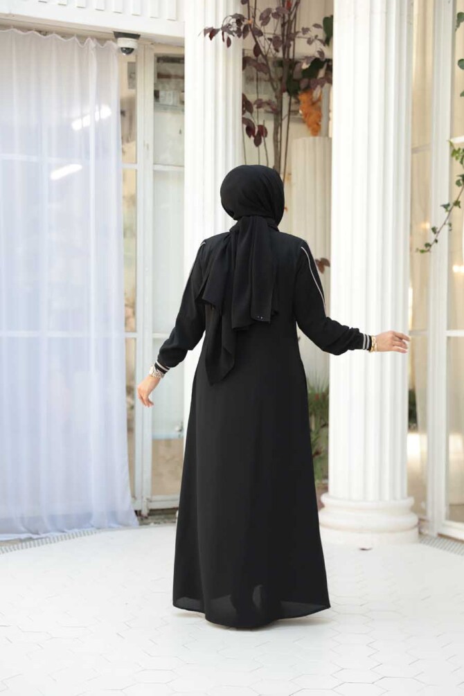 Fermuarlı Siyah Tesettür Ferace 26381S - 3