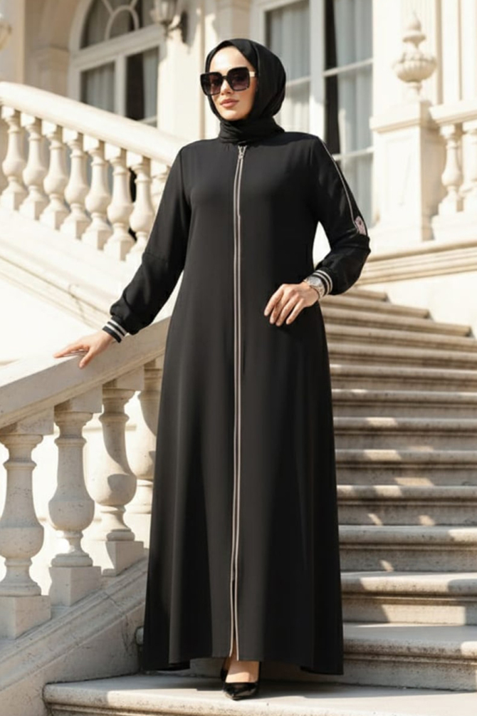 Fermuarlı Siyah Tesettür Ferace 26381S - 1
