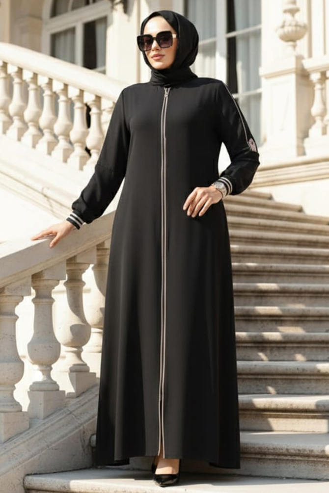 Fermuarlı Siyah Tesettür Ferace 26381S - 1