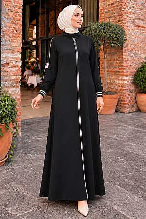 Fermuarlı Siyah Tesettür Ferace 26381S - N.S NEVA STYLE