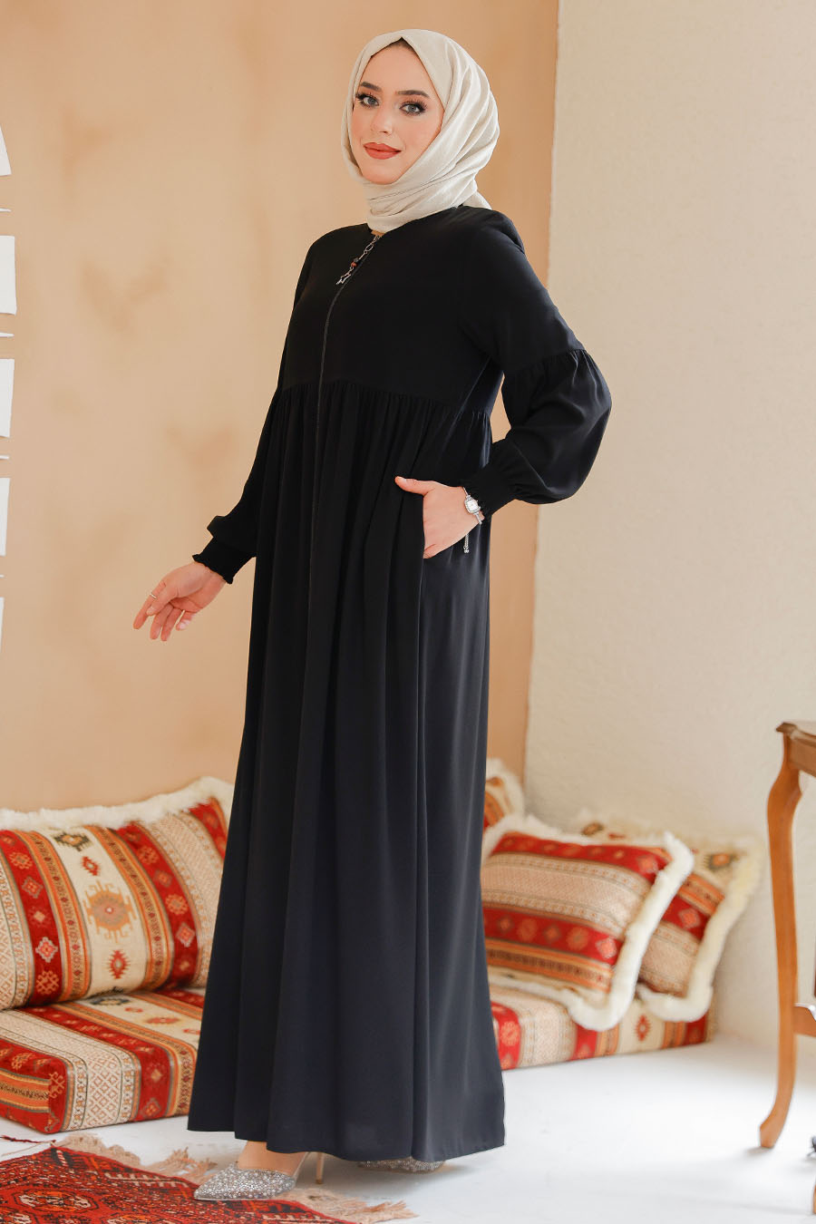 Fermuarlı Siyah Tesettür Ferace 45284S - 3