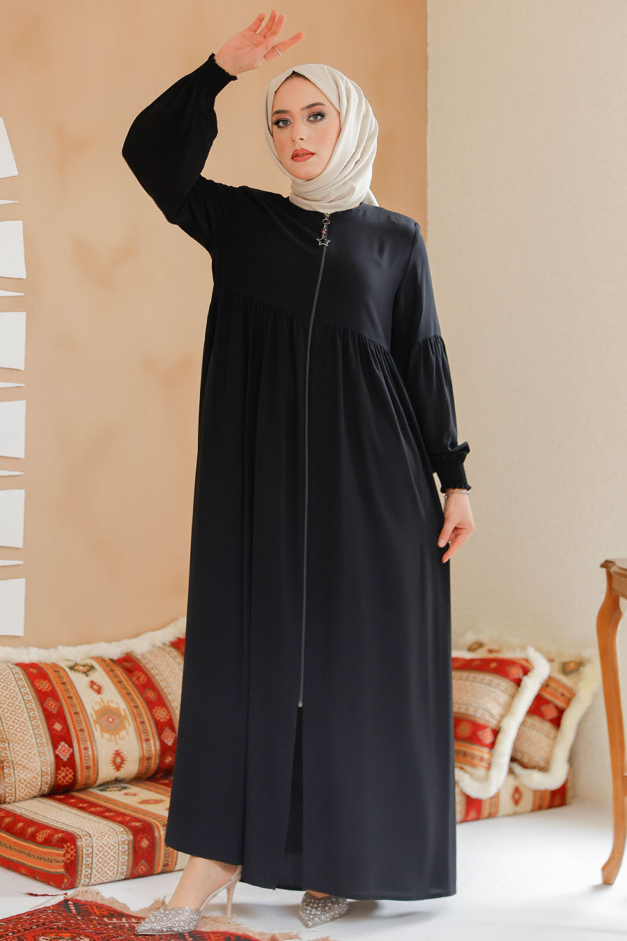 Fermuarlı Siyah Tesettür Ferace 45284S - 4