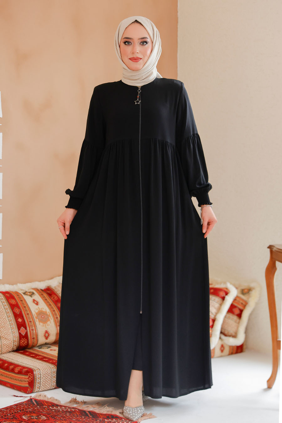 Fermuarlı Siyah Tesettür Ferace 45284S - 2
