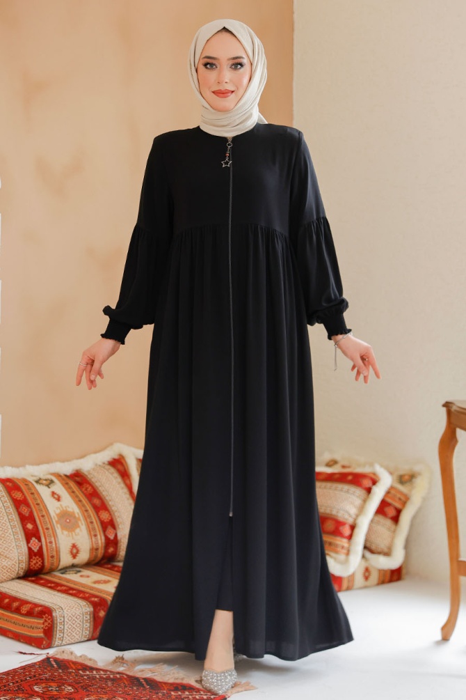Fermuarlı Siyah Tesettür Ferace 45284S - 1