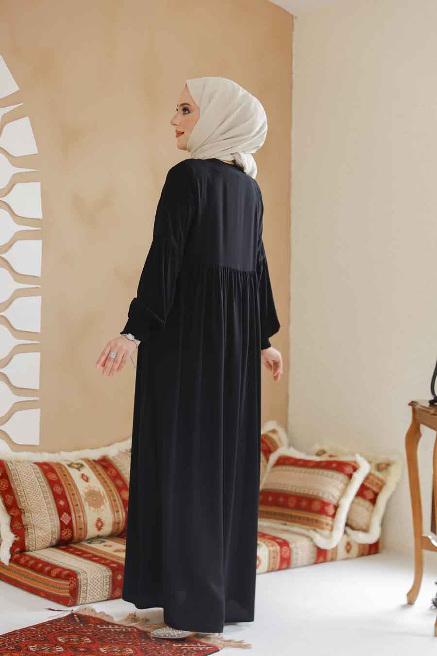 Fermuarlı Siyah Tesettür Ferace 45284S - 5