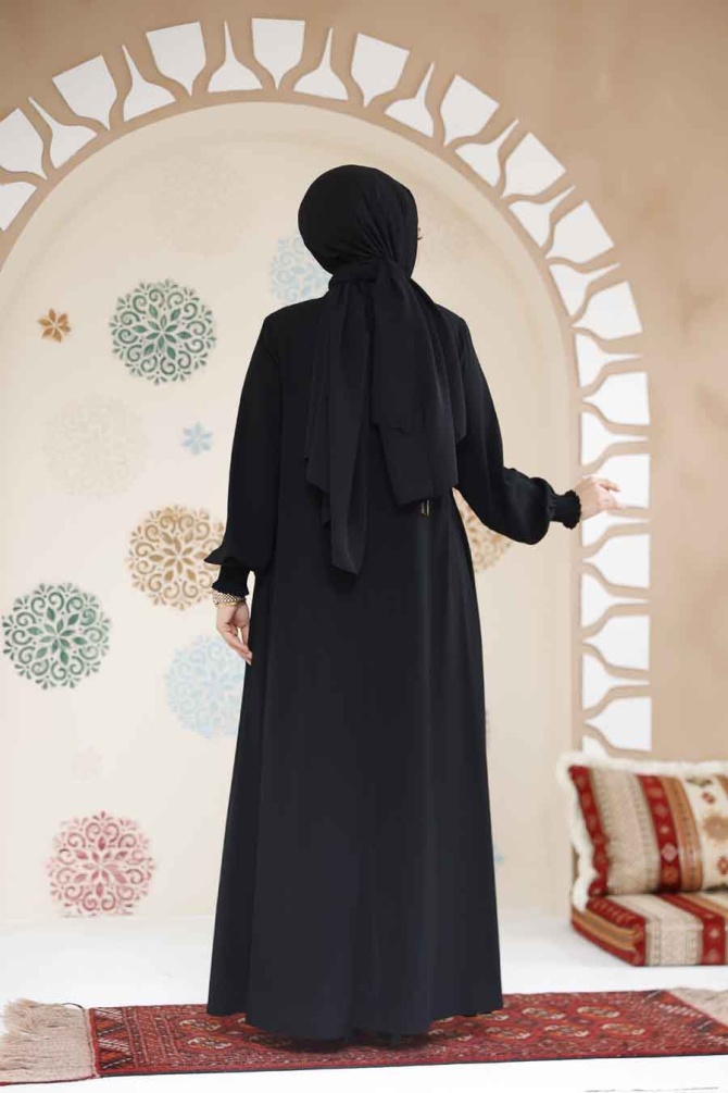Fermuarlı Siyah Tesettür Ferace 45287S - 4