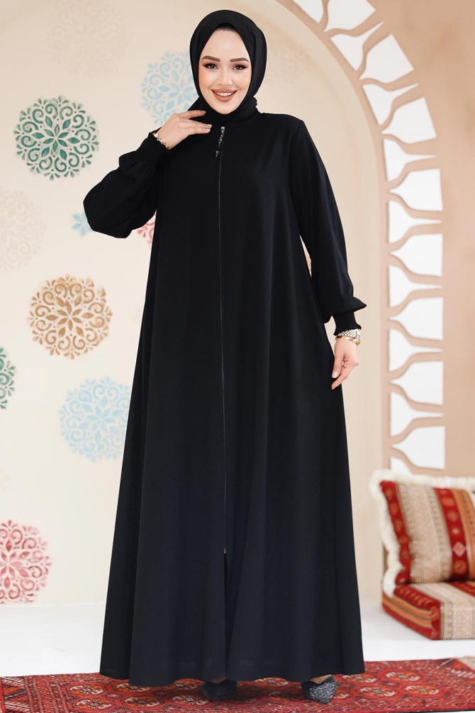 Fermuarlı Siyah Tesettür Ferace 45287S - 3