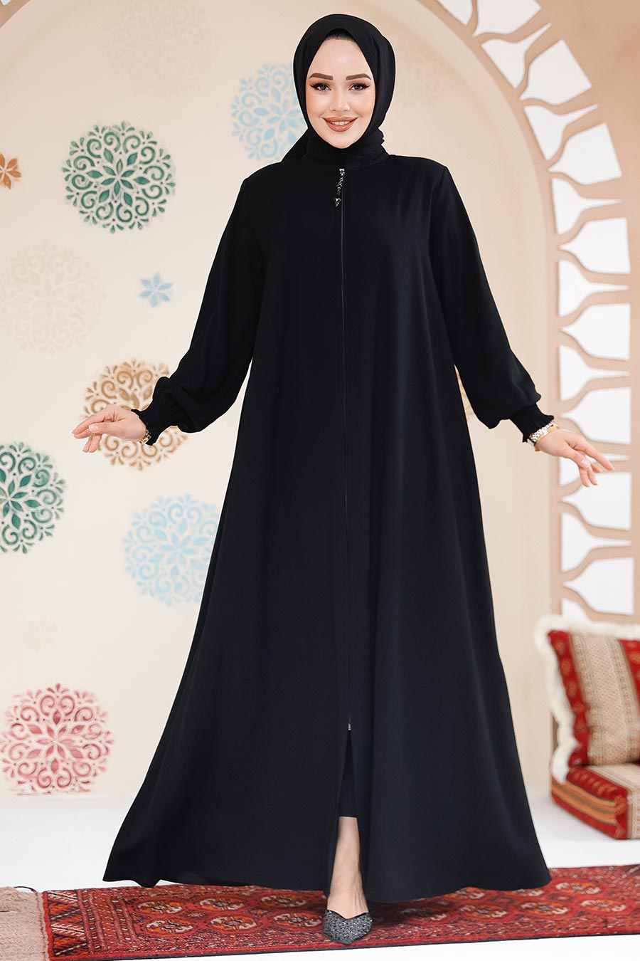 Fermuarlı Siyah Tesettür Ferace 45287S - 1