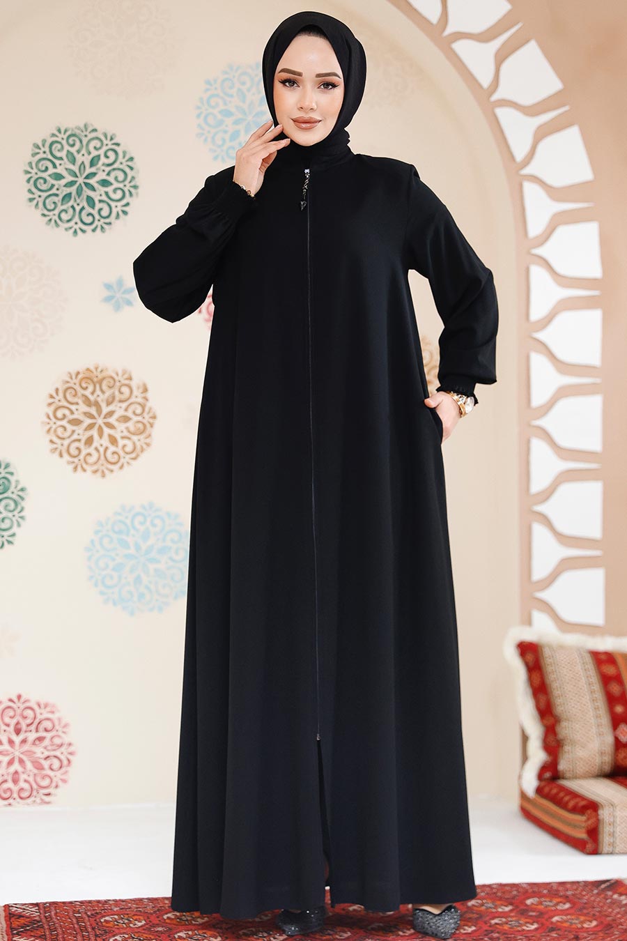 Fermuarlı Siyah Tesettür Ferace 45287S - 2