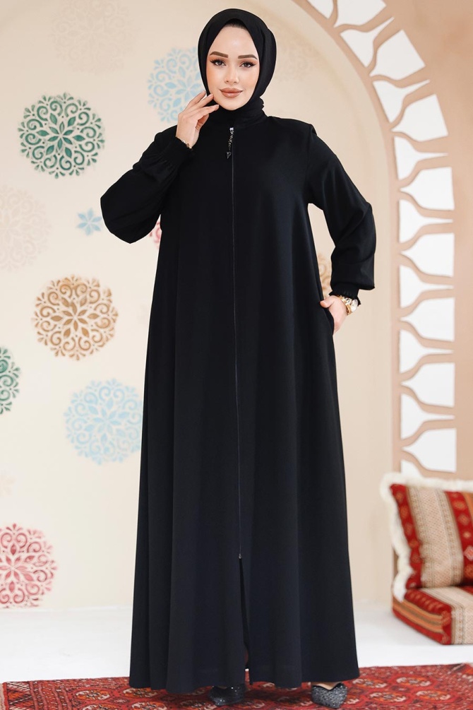 Fermuarlı Siyah Tesettür Ferace 45287S - 2