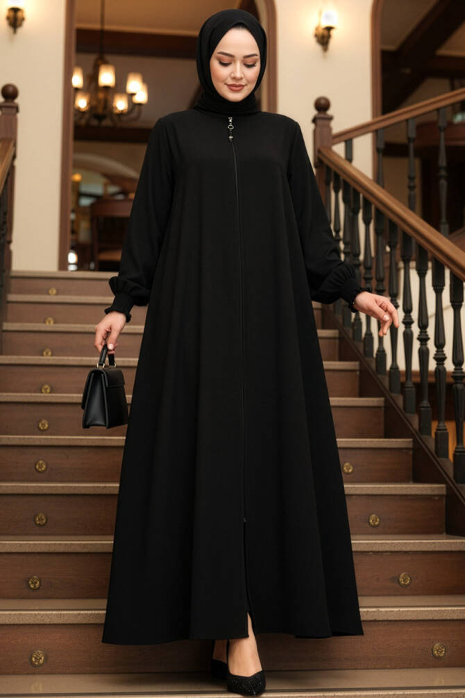 Fermuarlı Siyah Tesettür Ferace 45287S - 1