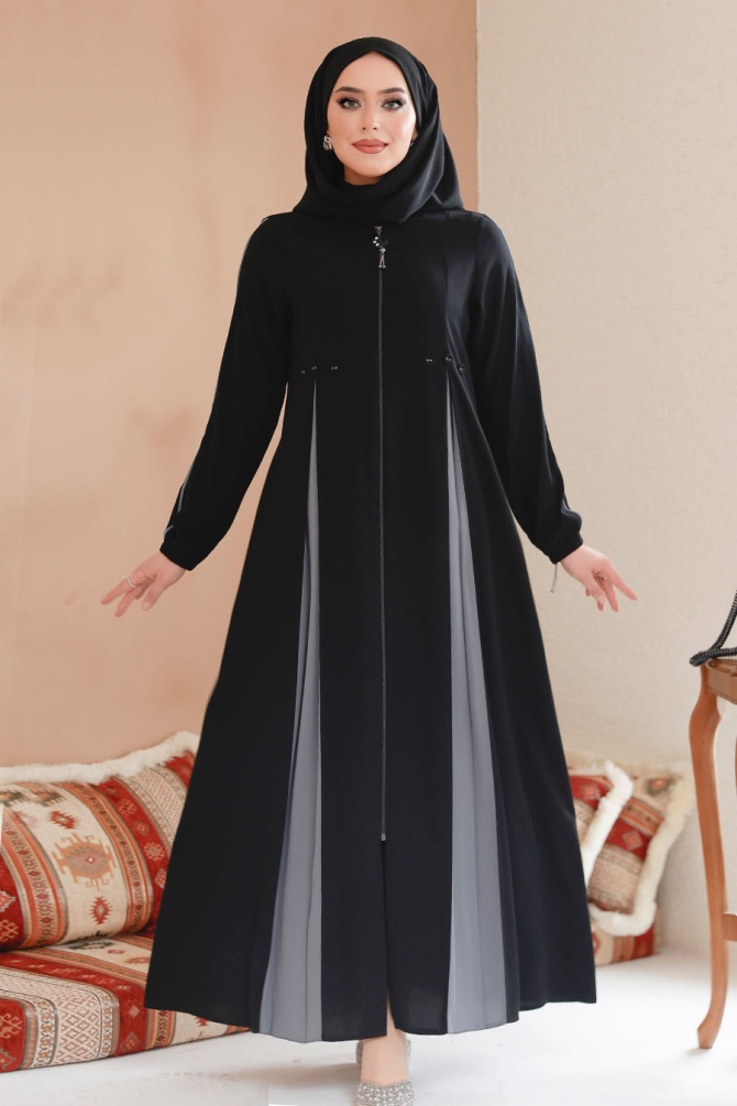 Fermuarlı Siyah Tesettür Ferace 45288S - 1