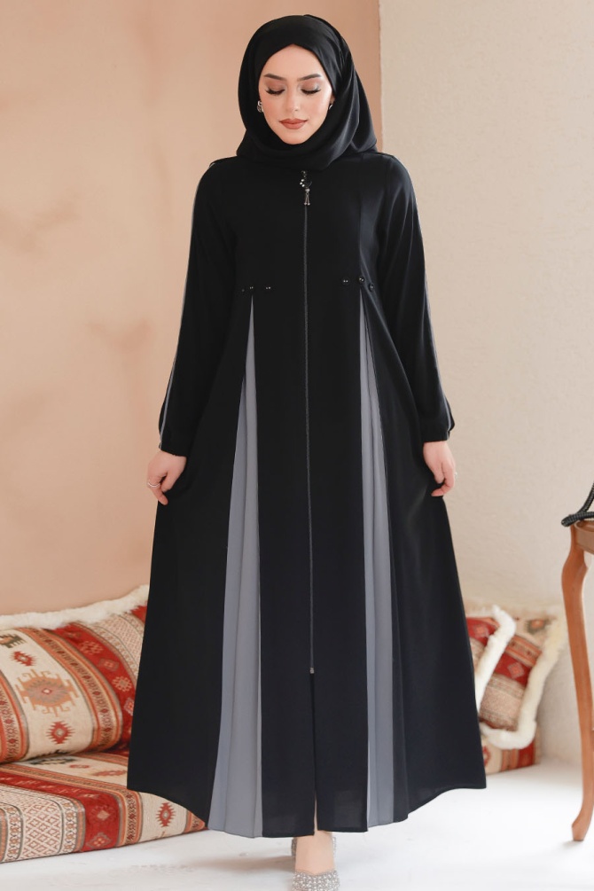 Fermuarlı Siyah Tesettür Ferace 45288S - 2