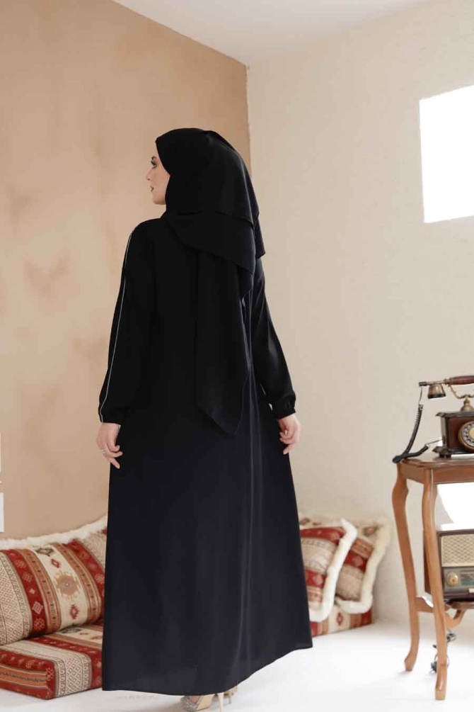 Fermuarlı Siyah Tesettür Ferace 45288S - 3