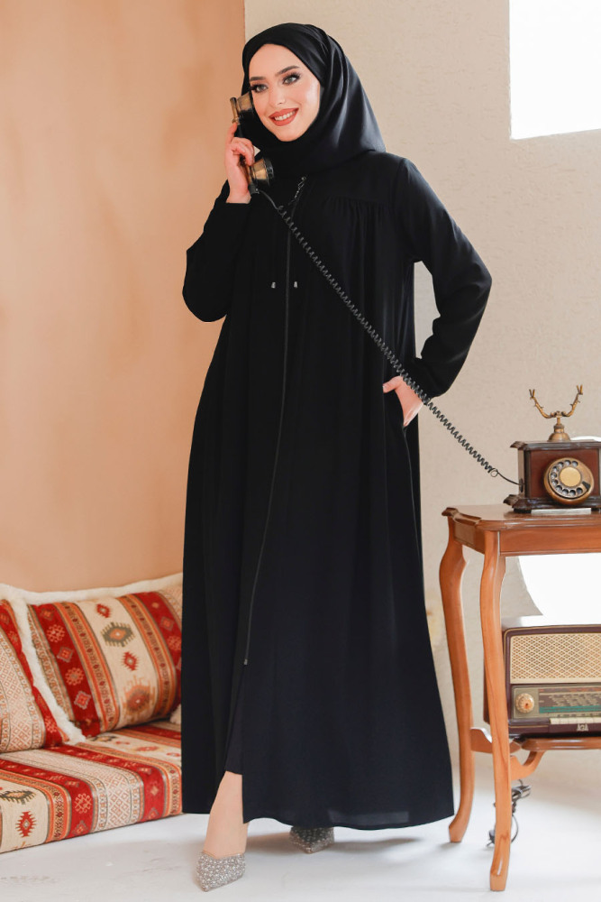 Fermuarlı Siyah Tesettür Ferace 45290S - 3