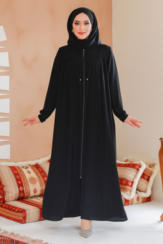 Fermuarlı Siyah Tesettür Ferace 45290S - 2