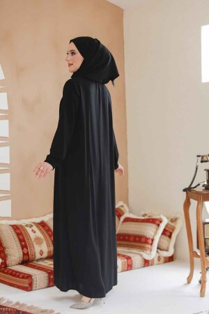 Fermuarlı Siyah Tesettür Ferace 45290S - 4