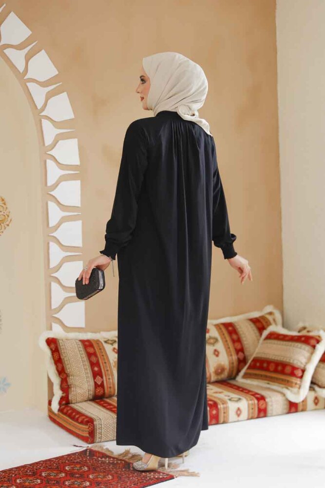 Fermuarlı Siyah Tesettür Ferace 45293S - 4