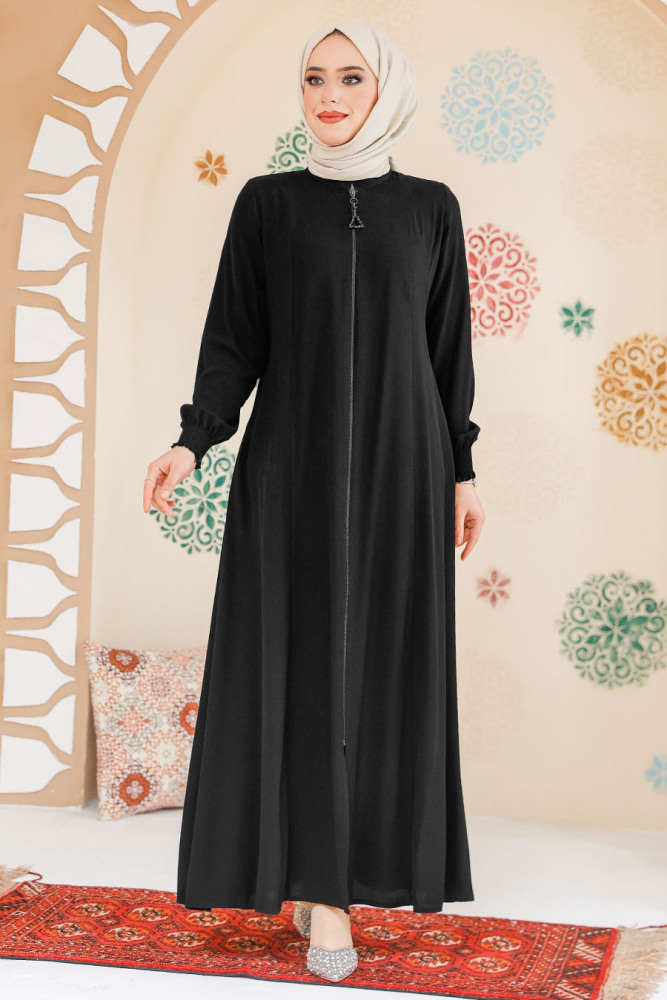 Fermuarlı Siyah Tesettür Ferace 45294S - 2