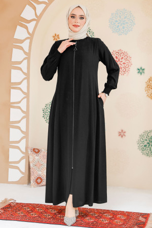 Fermuarlı Siyah Tesettür Ferace 45294S - 3