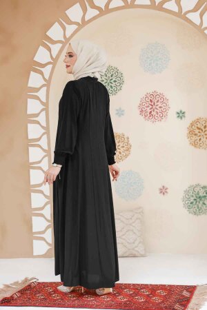 Fermuarlı Siyah Tesettür Ferace 45294S - 5