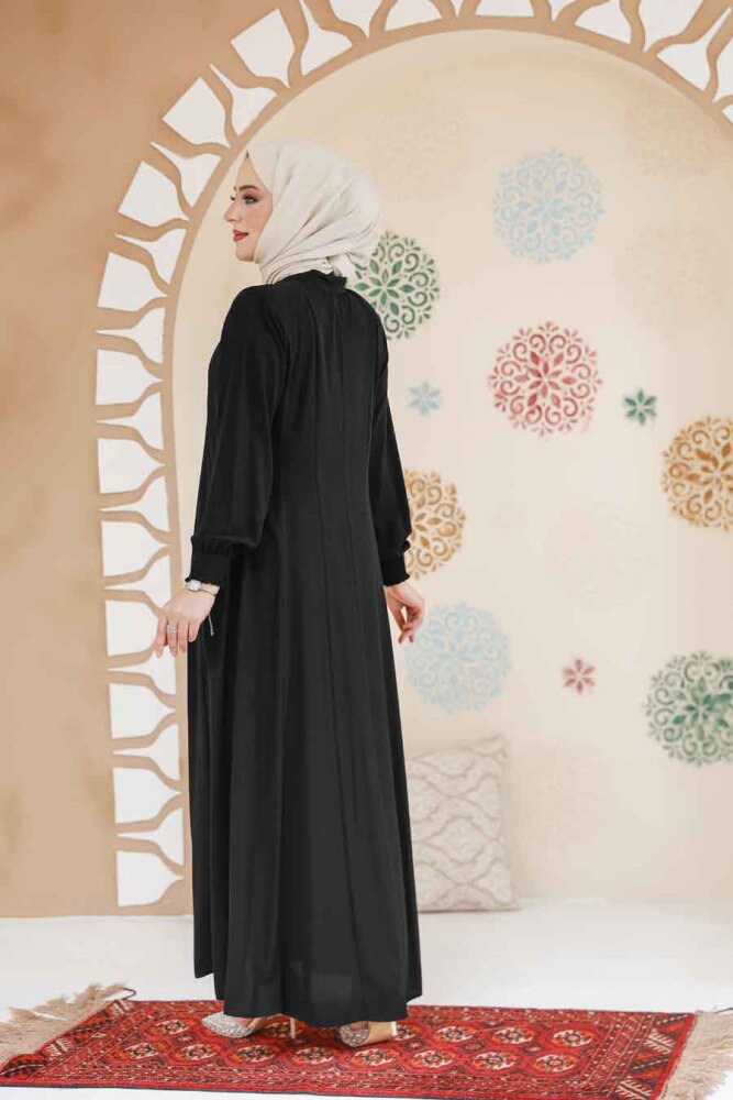 Fermuarlı Siyah Tesettür Ferace 45294S - 5