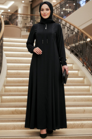 Fermuarlı Siyah Tesettür Ferace 45311S - N.S NEVA STYLE