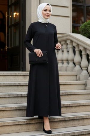 Fermuarlı Siyah Tesettür Ferace 45312S - 1