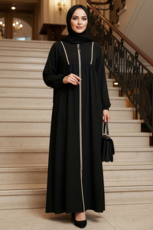 Fermuarlı Siyah Tesettür Ferace 45318S - N.S NEVA STYLE