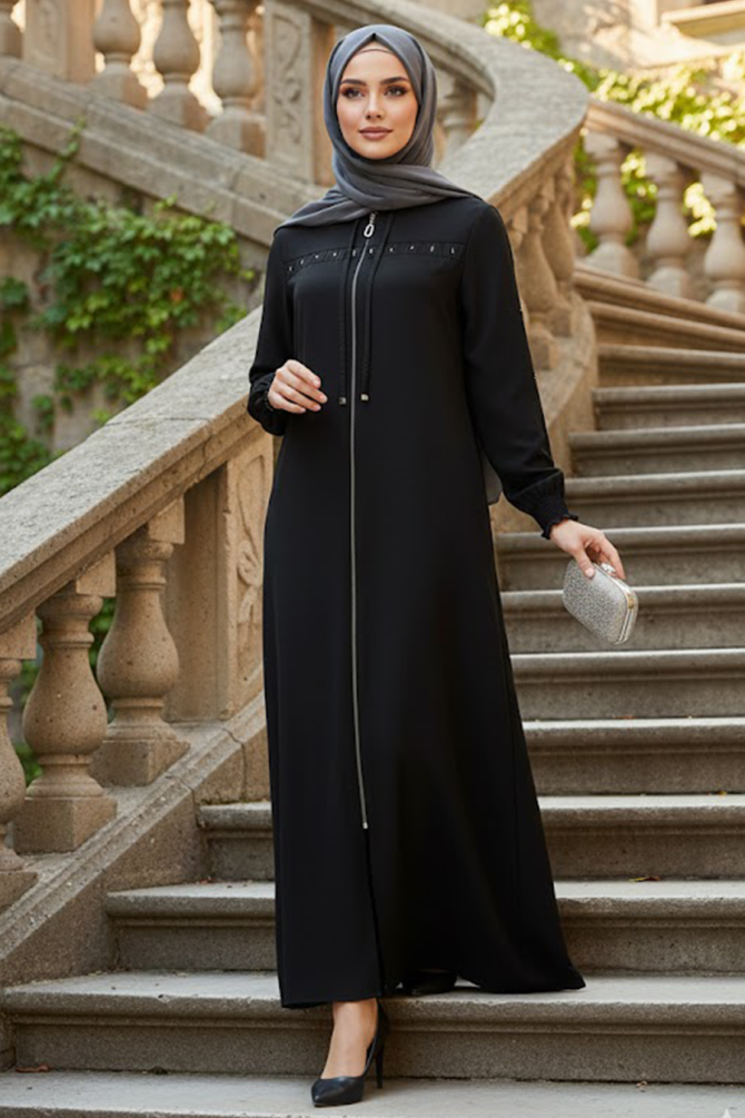 Fermuarlı Siyah Tesettür Ferace 85101S - N.S NEVA STYLE
