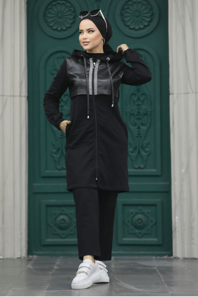 Fermuarlı Siyah Tesettür İkili Takım 13631S - 3