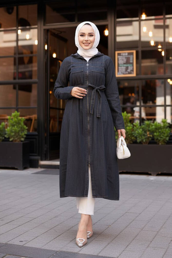 Fermuarlı Siyah Tesettür Kot Kap 7103S - N.S NEVA STYLE