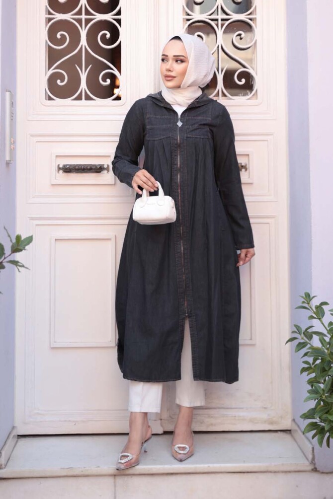 Fermuarlı Siyah Tesettür Kot Kap 7103S - N.S NEVA STYLE