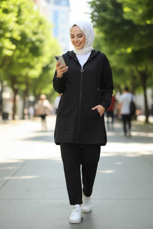 Fermuarlı Siyah Tesettür Modal İkili Takım 17461S - 1