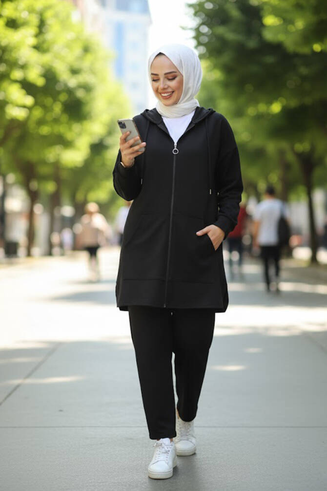 Fermuarlı Siyah Tesettür Modal İkili Takım 17461S - N.S NEVA STYLE