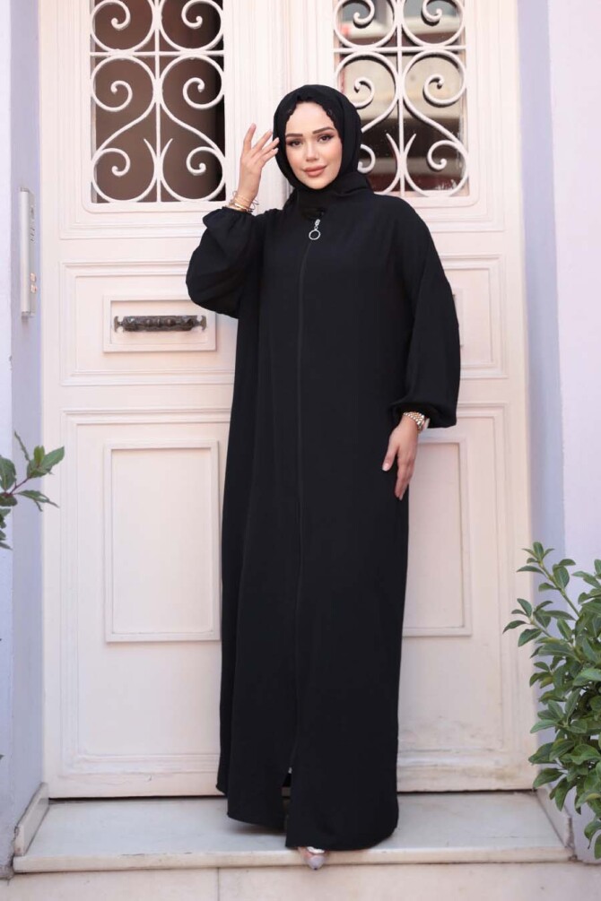 Fermuarlı Siyah Tesettür Namaz Elbisesi 73271S - 2