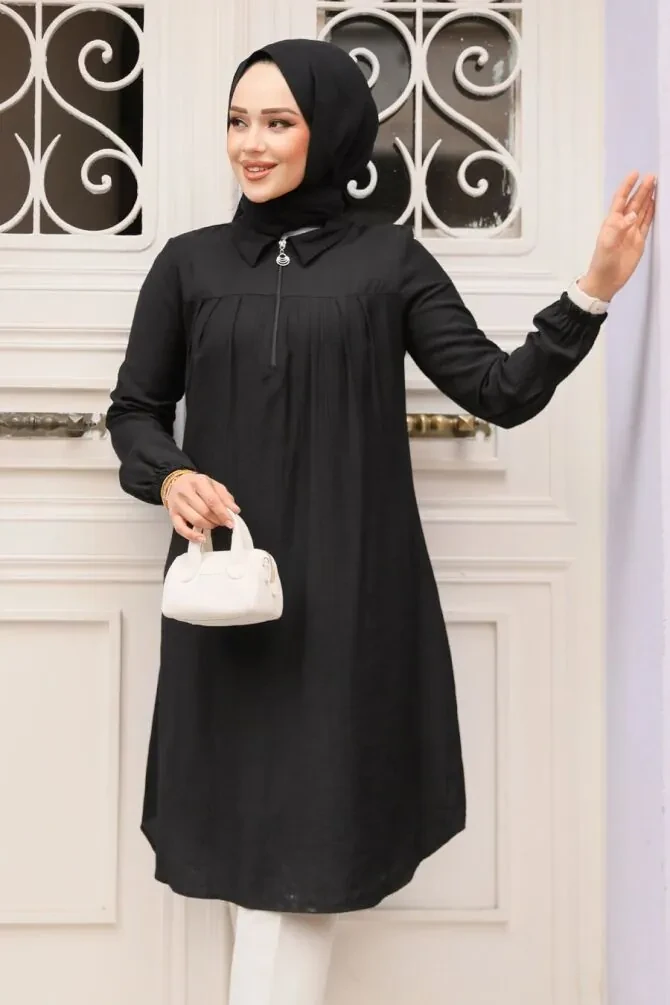 Fermuarlı Siyah Tesettür Tunik 1467S - 1