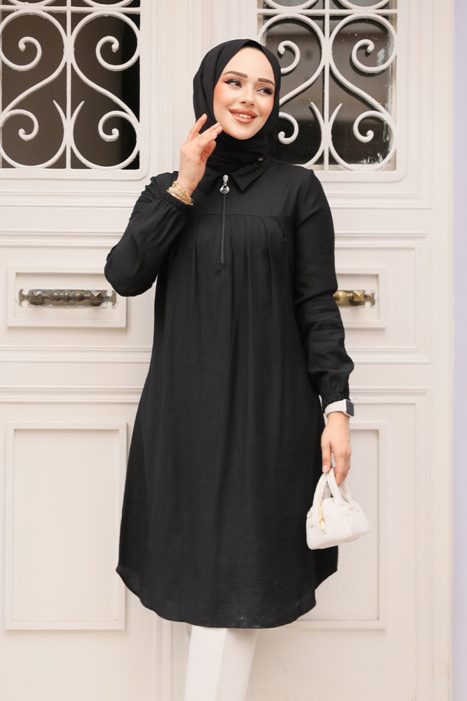 Fermuarlı Siyah Tesettür Tunik 1467S - 2