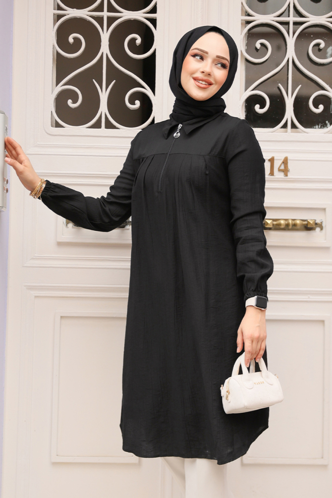 Fermuarlı Siyah Tesettür Tunik 1467S - 3