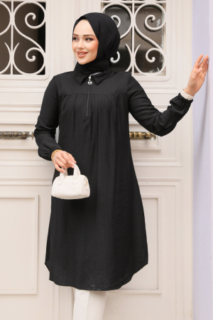 Fermuarlı Siyah Tesettür Tunik 1467S - 1