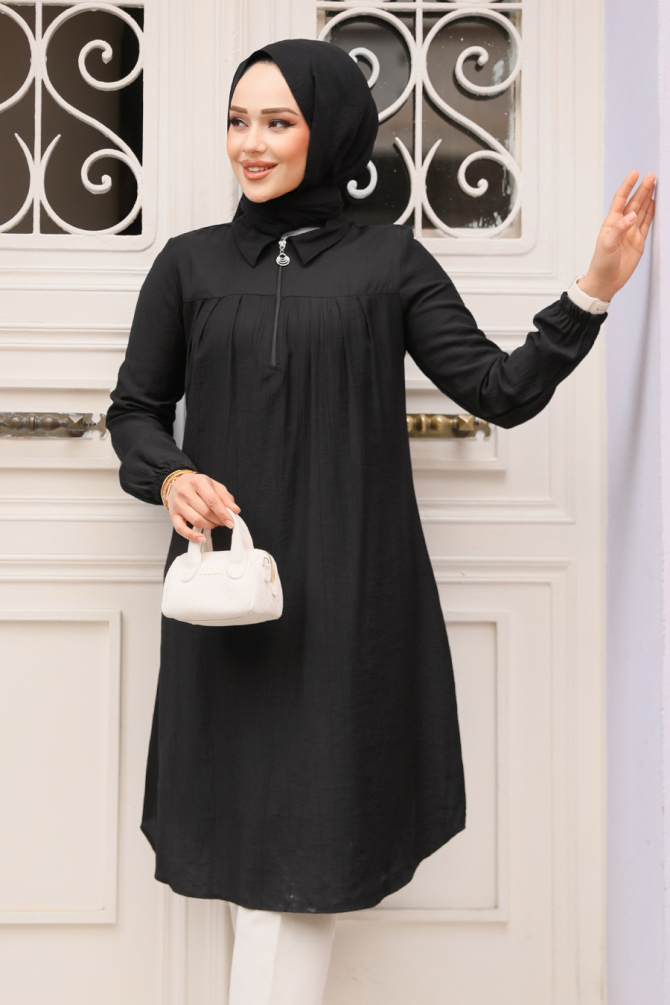 Fermuarlı Siyah Tesettür Tunik 1467S - 1